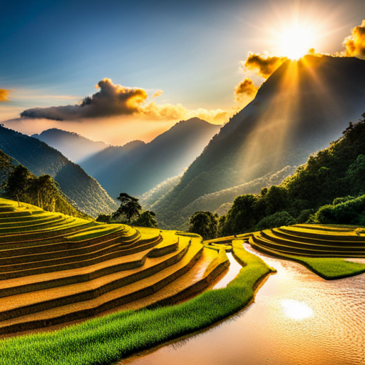 Sonnenaufgang über Reisterrassen in Laos.