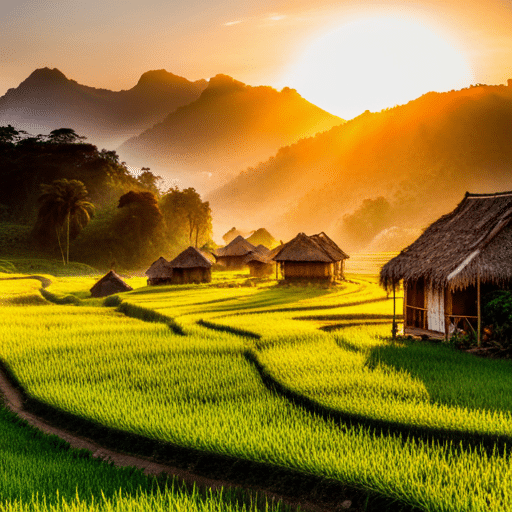 Reetgedeckte Hütten in Laos inmitten von Reisfeldern bei Sonnenuntergang.