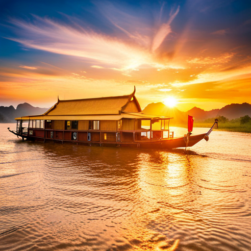 Ein Boot auf dem Mekong bei Sonnenuntergang in Laos.