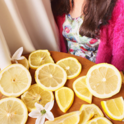 Ein Mädchen steht vor einem Teller mit Zitronen.