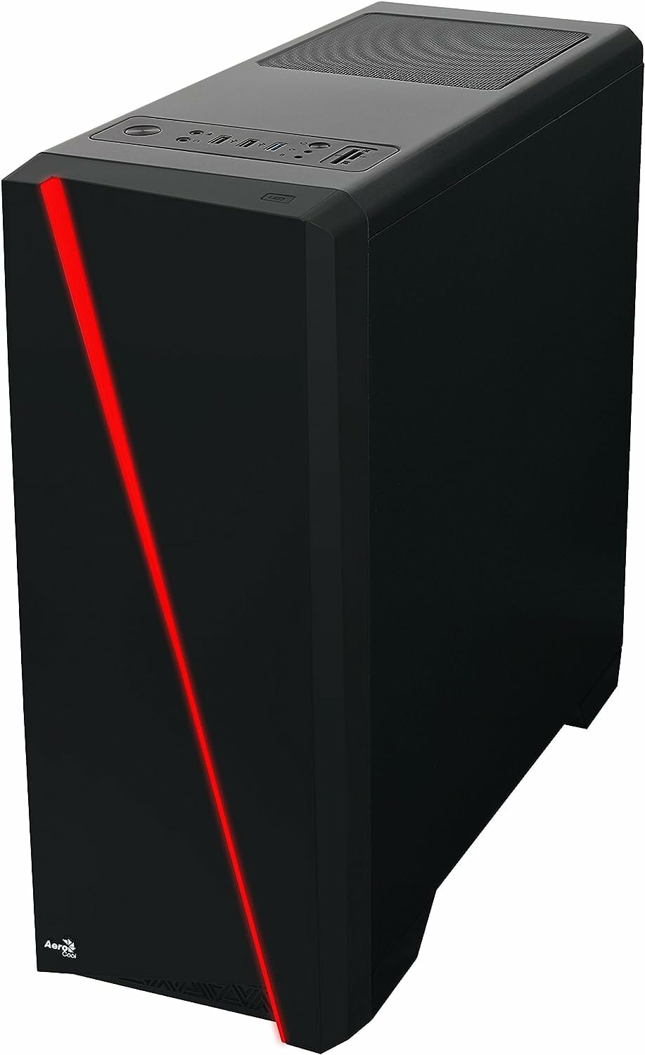 Ein schwarzes Computergehäuse mit einem roten Streifen.