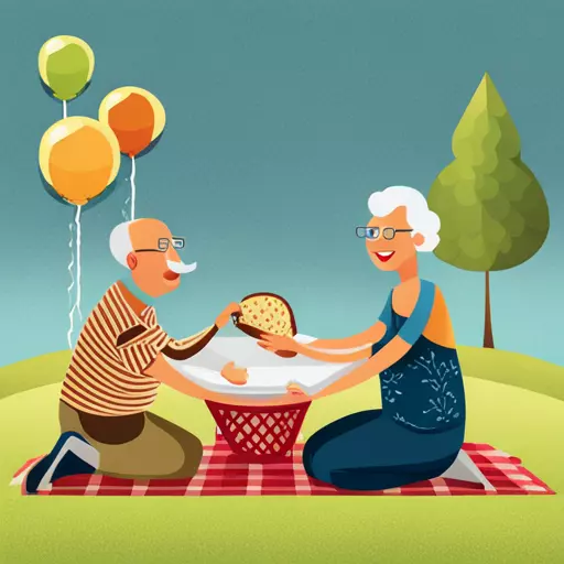 an elderly couple enjoying a picnic in a sunny park