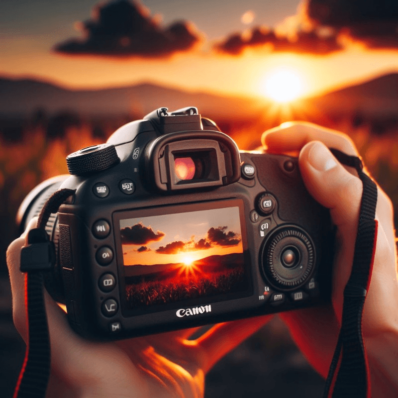 Canon EOS Rebel T7 DSLR Camera recording a sunset