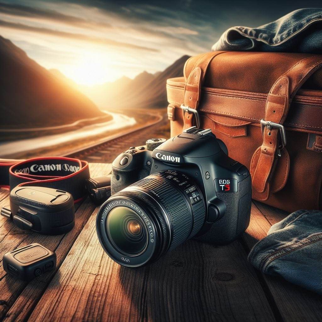 Canon EOS Rebel T7 DSLR Camera next to a Sunset