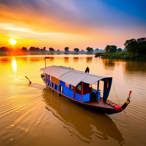 Eine malerische Bootsfahrt bei Sonnenuntergang in Laos.