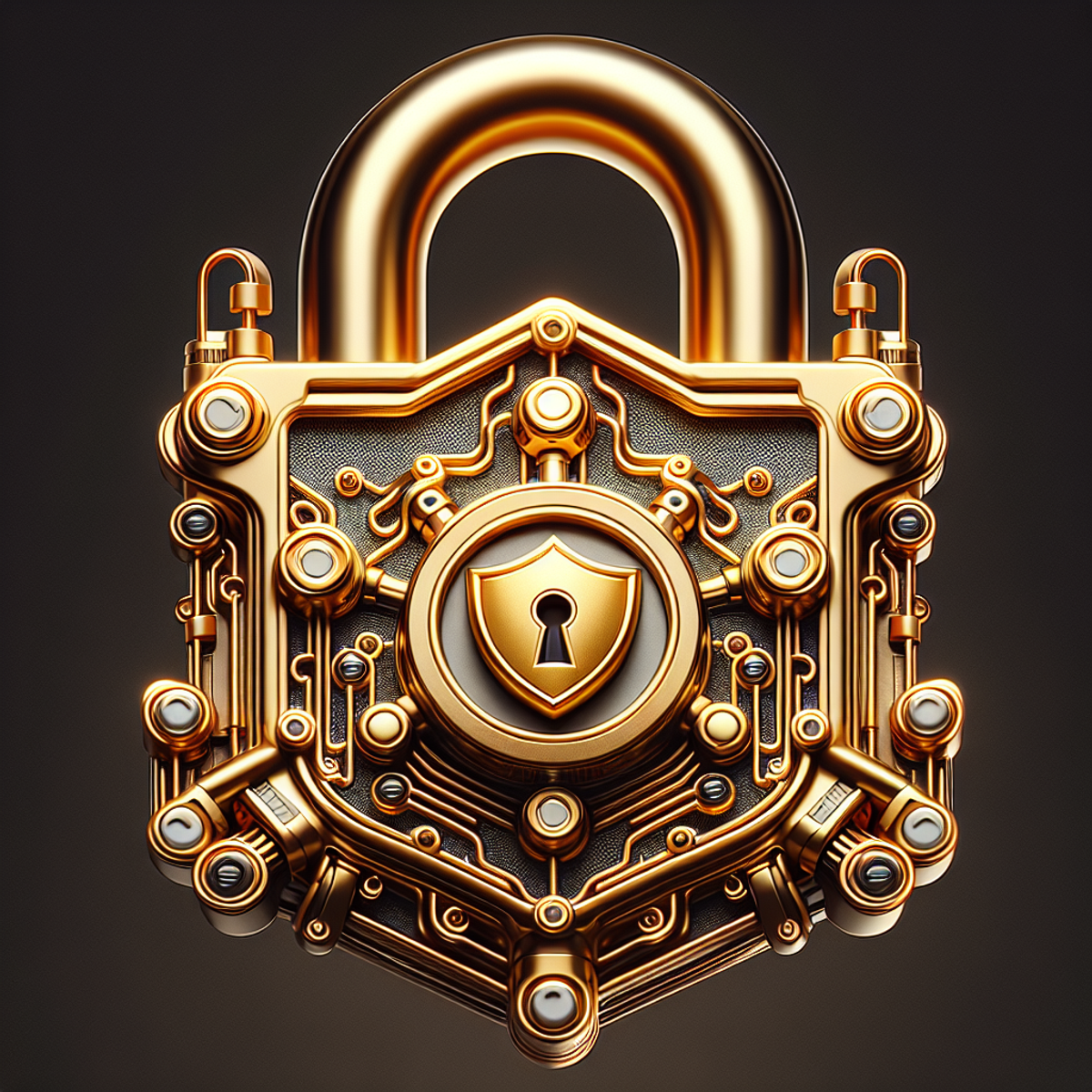 A close-up image of an ornate golden lock with a prominently displayed shield symbol, conveying advanced security and data protection. The shiny, refl