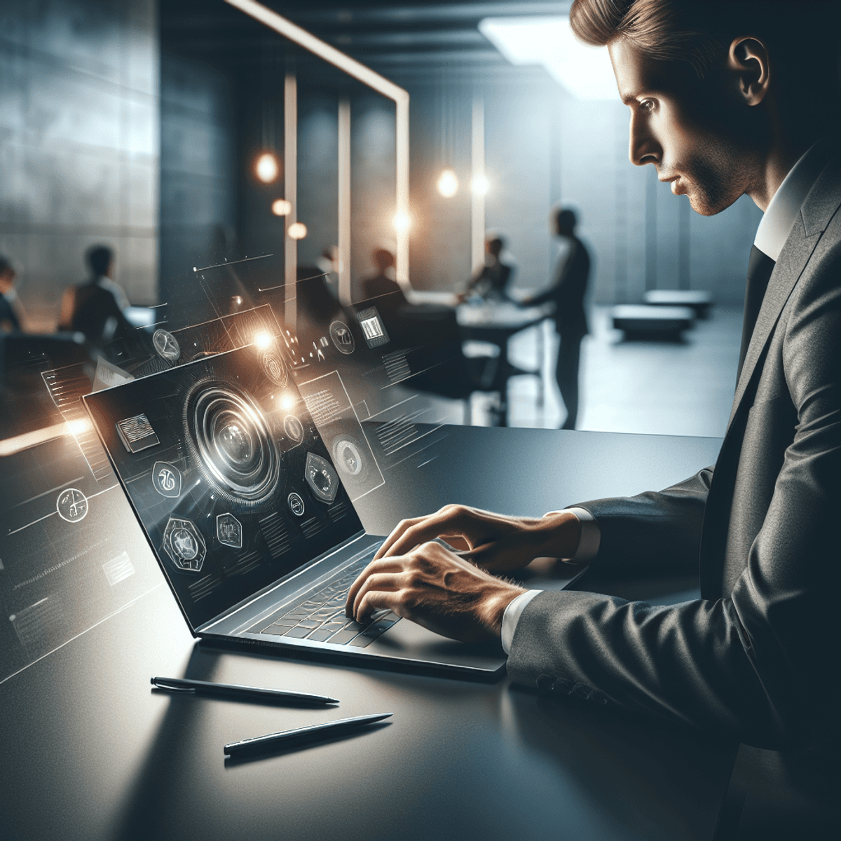 A sleek, premium-grade laptop with a metallic finish sits on a contemporary wooden desk, illuminated by soft ambient lighting. In the background, subt