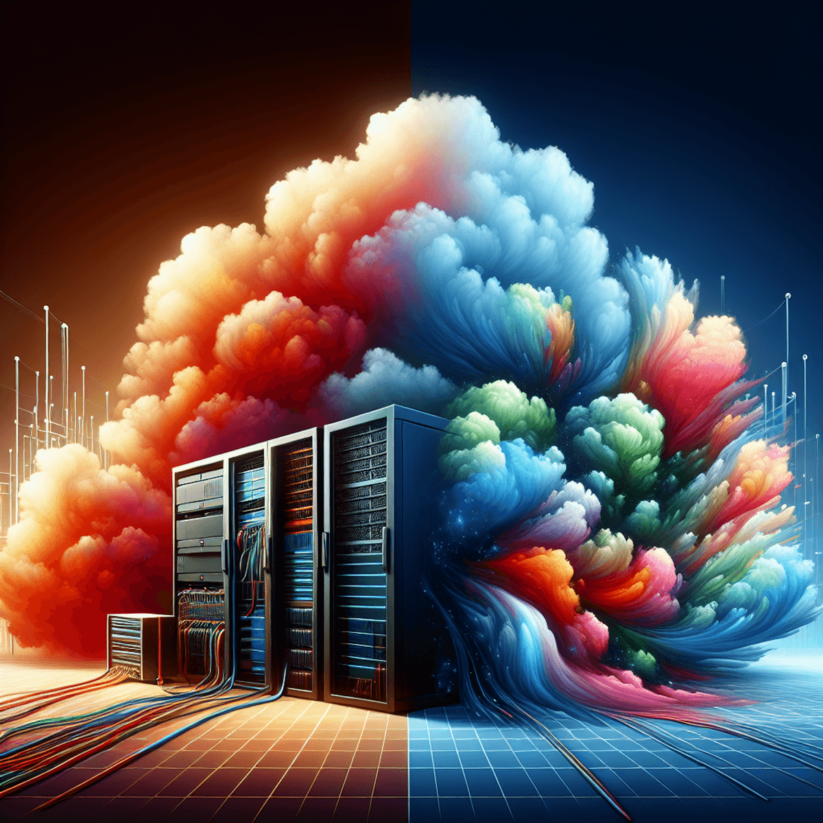 A swirling blend of a traditional data center and a vibrant, billowing cloud, symbolizing the integration of on-premise systems and cloud computing in