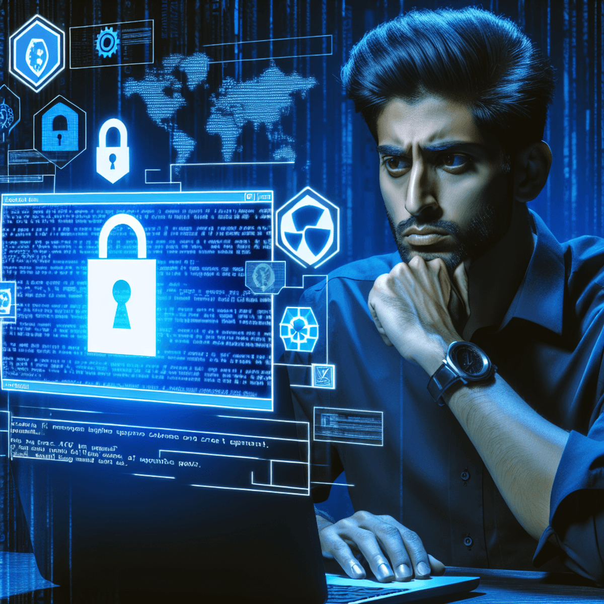 An IT professional of South Asian descent sits at a desk, his face displaying a mix of frustration and dedication as he stares intently at a computer