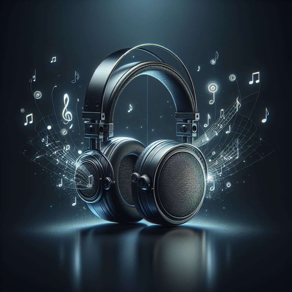 Two high-end headphones with music notes and sound waves emanating from them.