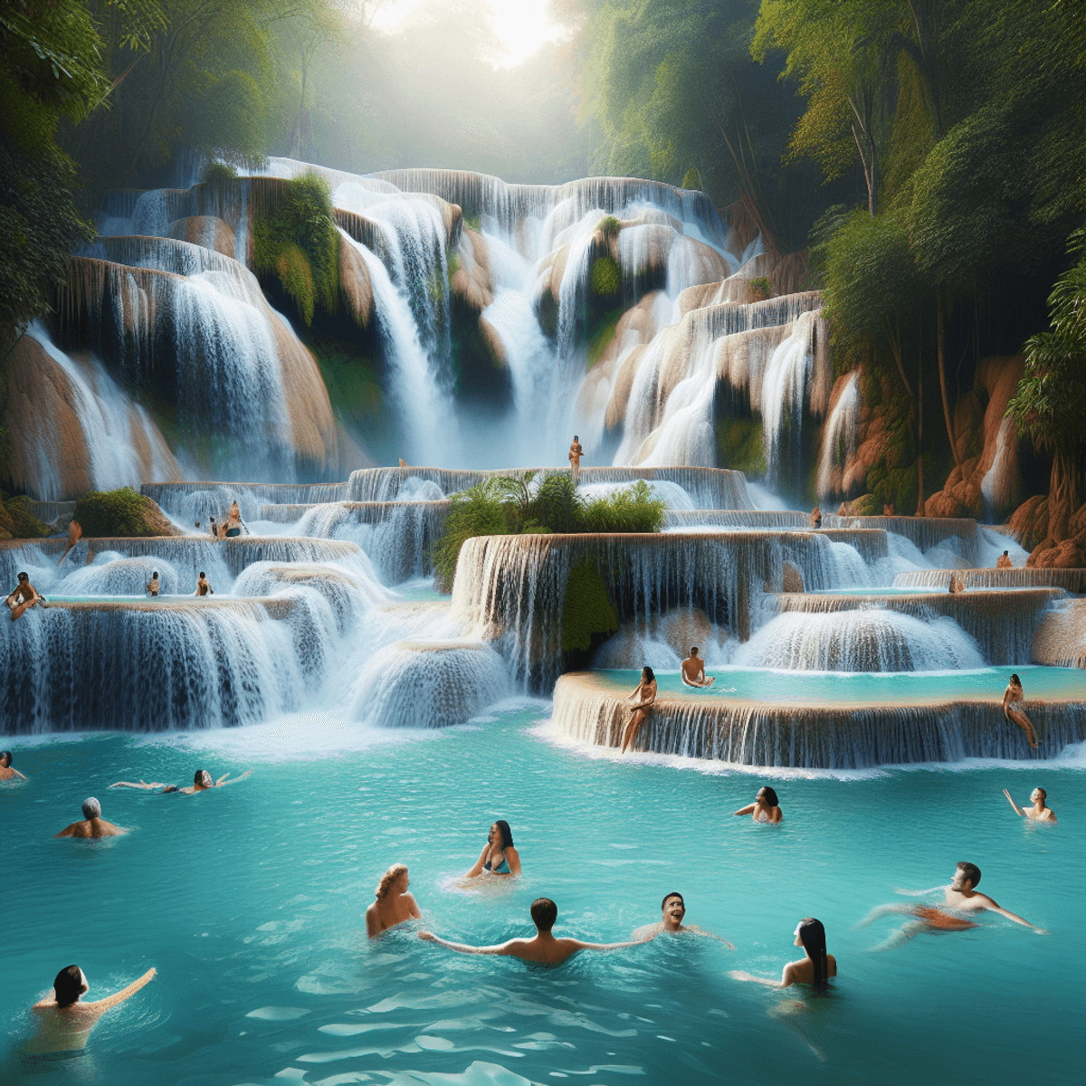 A breathtaking view of the multi-tiered Tat Kuang Si waterfall in Luang Prabang, featuring cascading water flowing into vibrant turquoise-blue pools surrounded by lush green jungle. A few individuals of Caucasian and Asian descent are seen swimming and enjoying the refreshing water, their faces beaming with joy amidst the serene natural beauty.