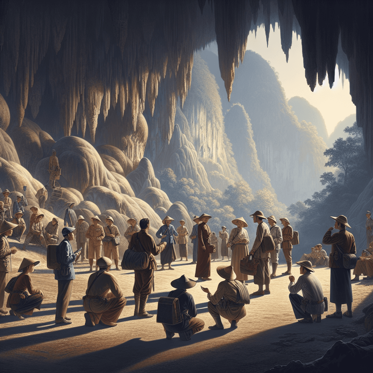 A diverse group of explorers, including Caucasian and Asian individuals, marvel at the rugged formations inside the Vieng Xai Caves. Some are engaged in conversation while others closely examine the cave structures, capturing a sense of discovery and adventure. The natural beauty of the cave serves as a stunning backdrop, with shadows enhancing the atmosphere of exploration and historical significance.