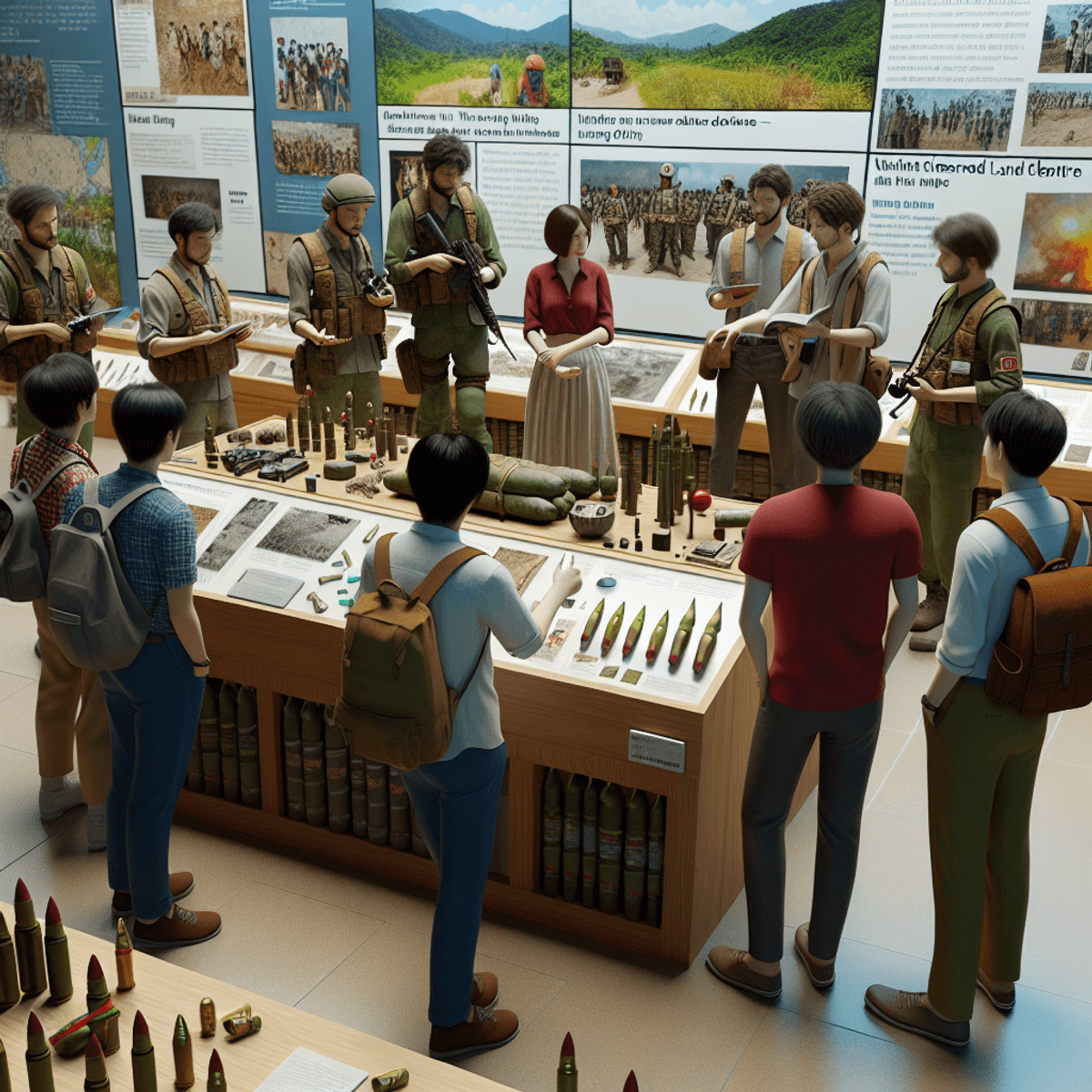 A diverse group of individuals, including Caucasian and Asian people, is gathered around an educational display about unexploded ordnance (UXO) at a visitor center. The setting features informative and interactive exhibits related to UXO awareness and land clearance efforts. One person is pointing at a display while others take notes or engage in discussion, all depicted in a calm and tranquil environment that emphasizes community engagement and learning. The background is filled with visual symbols and various educational materials, enhancing the atmosphere of exploration and awareness.