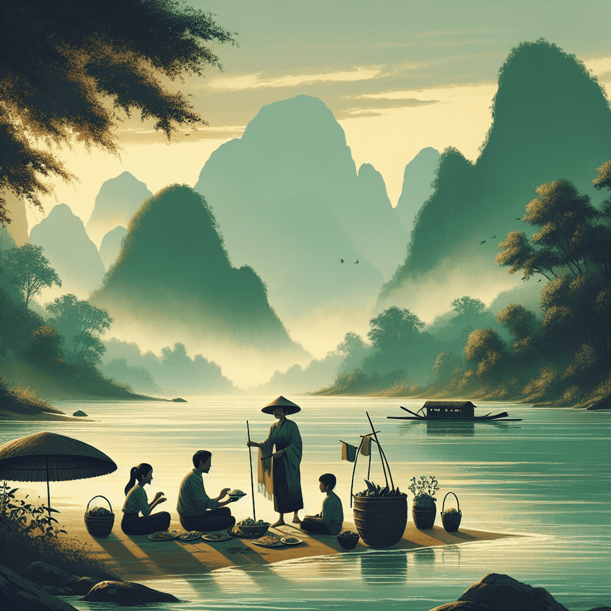 A serene landscape depicting misty mountains silhouetted against a soft sky, with the jade-green waters of the Mekong River flowing gently. In the for