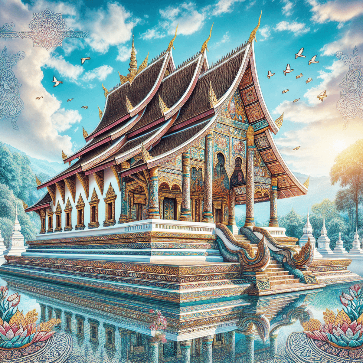 A stunning depiction of Wat Xieng Thong, showcasing its intricate mosaics and traditional Lao architecture. The temple features vibrant colors, with gold and deep red accents, surrounded by lush greenery under a clear blue sky. The ornate details of the roof and the serene atmosphere invite viewers to appreciate this architectural masterpiece and its cultural heritage.